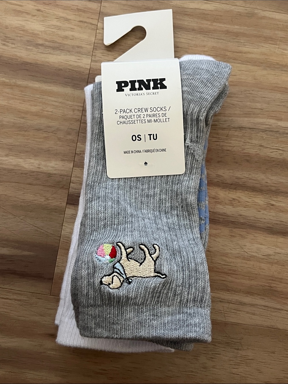 PINK Victoria's Secret Gray & White Crew Sock 2-Pack with Embroidered Dog